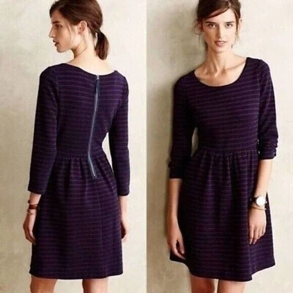 ANTHROPOLOGIE maeve navy red stripe brenna dress 0 fit & flare ribbed knit